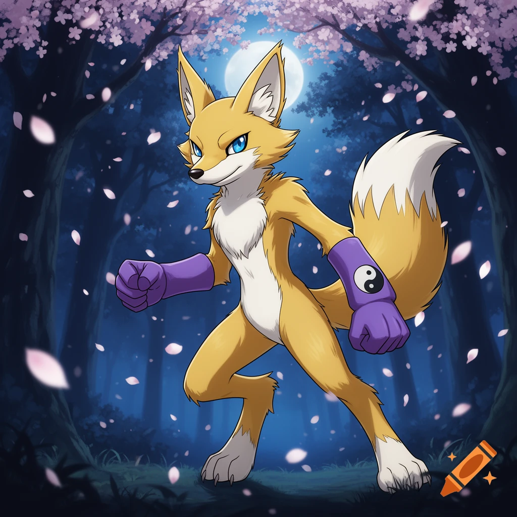 A stylized anthropomorphic fox-like creature resembling Renamon, with yellow fur, blue eyes, and purple gloves with a yin-yang symbol, stands in a moonlit forest with falling cherry blossoms.
