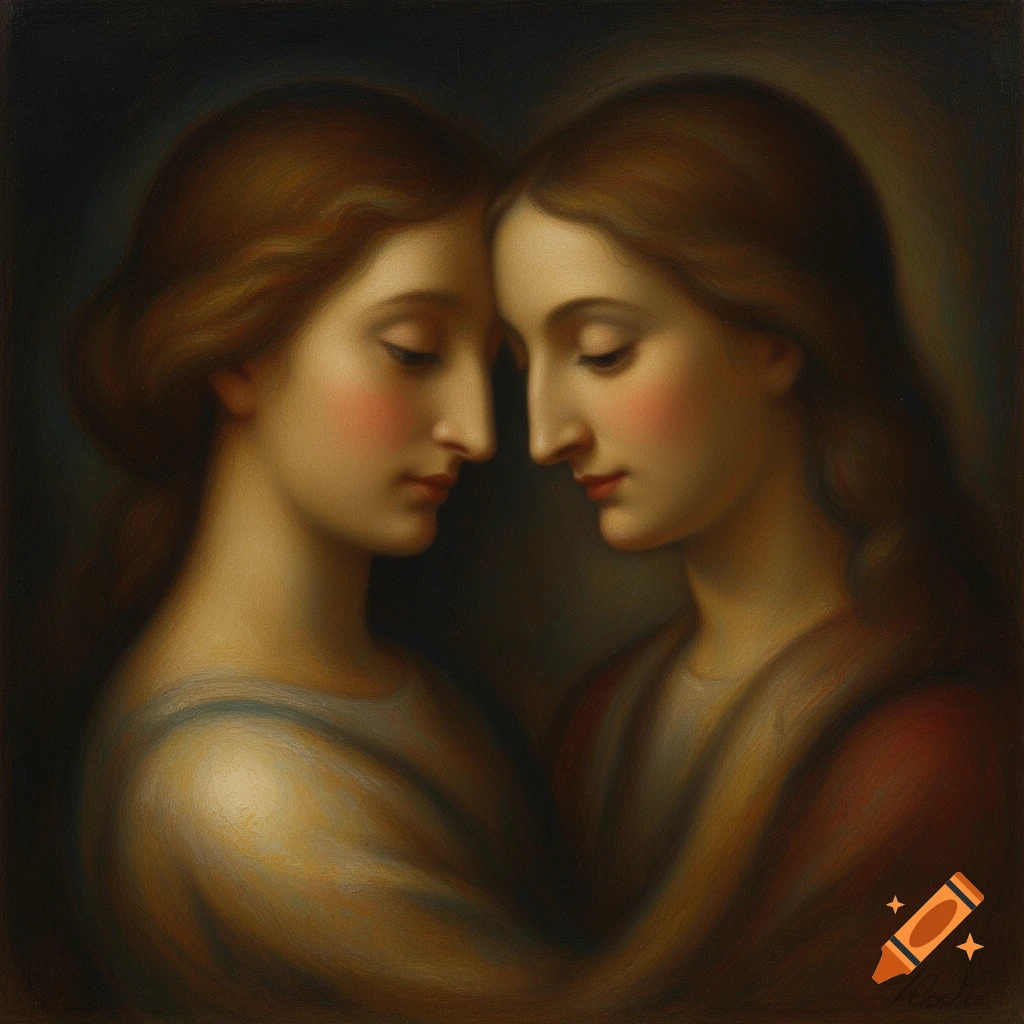 Classical oil painting of two young women with brown hair, heads touching, embracing intimately against a dark background, warm colors.