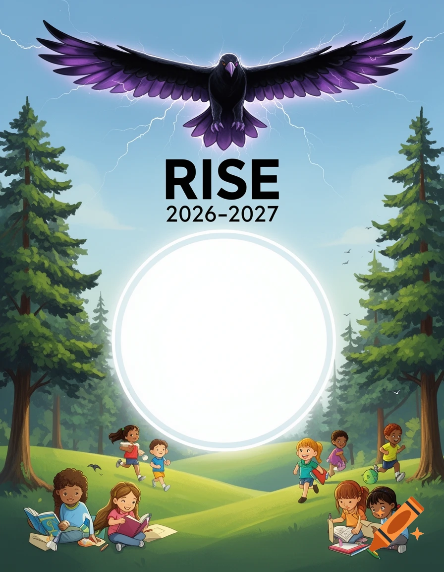 Children play and read in a sunny forest with a flying thunderbird above 'RISE 2026-2027' and a blank logo circle, children's book style.