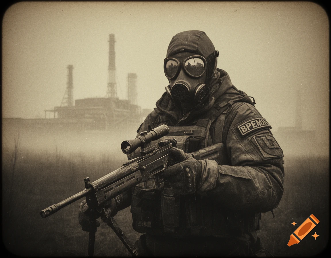 A gas-masked soldier with a sniper rifle stands in a foggy industrial wasteland, in a vintage sepia-toned photo.