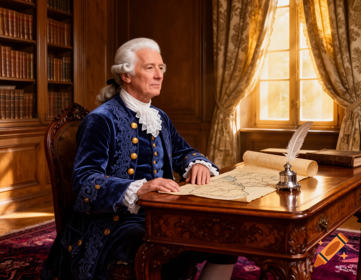 A distinguished 18th-century gentleman in a blue velvet coat sits at a wooden desk with a map, quill, and books in a stately room.