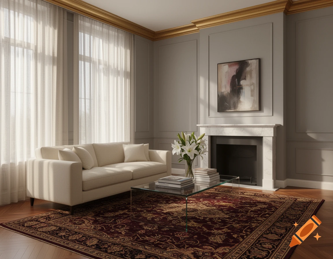 A bright, luxurious living room with a cream sofa, marble fireplace, glass table, and red patterned rug. Natural light streams through sheer curtains.