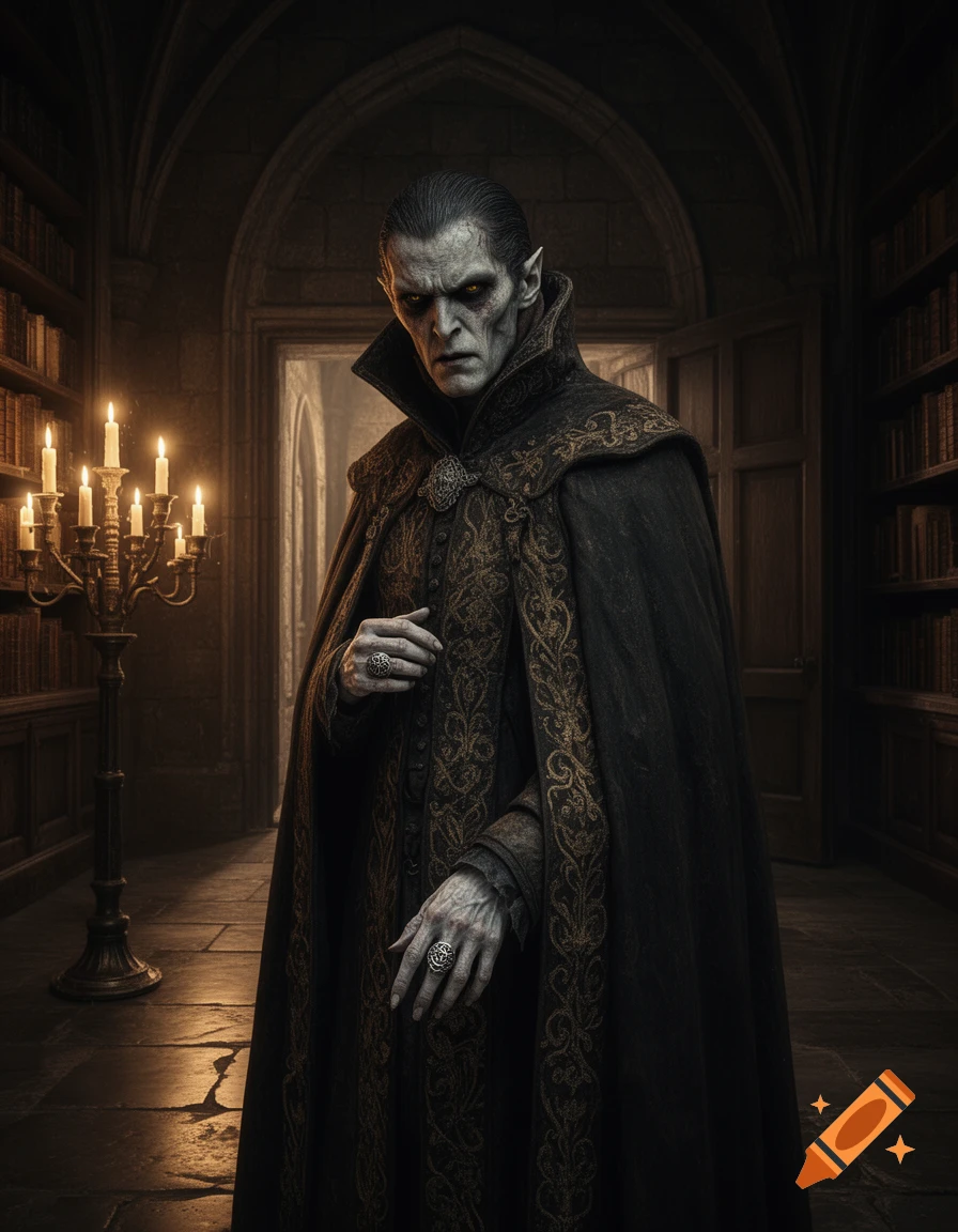 A pale, stern vampire with glowing eyes and an ornate dark cloak stands in a gothic library with a lit candelabra.
