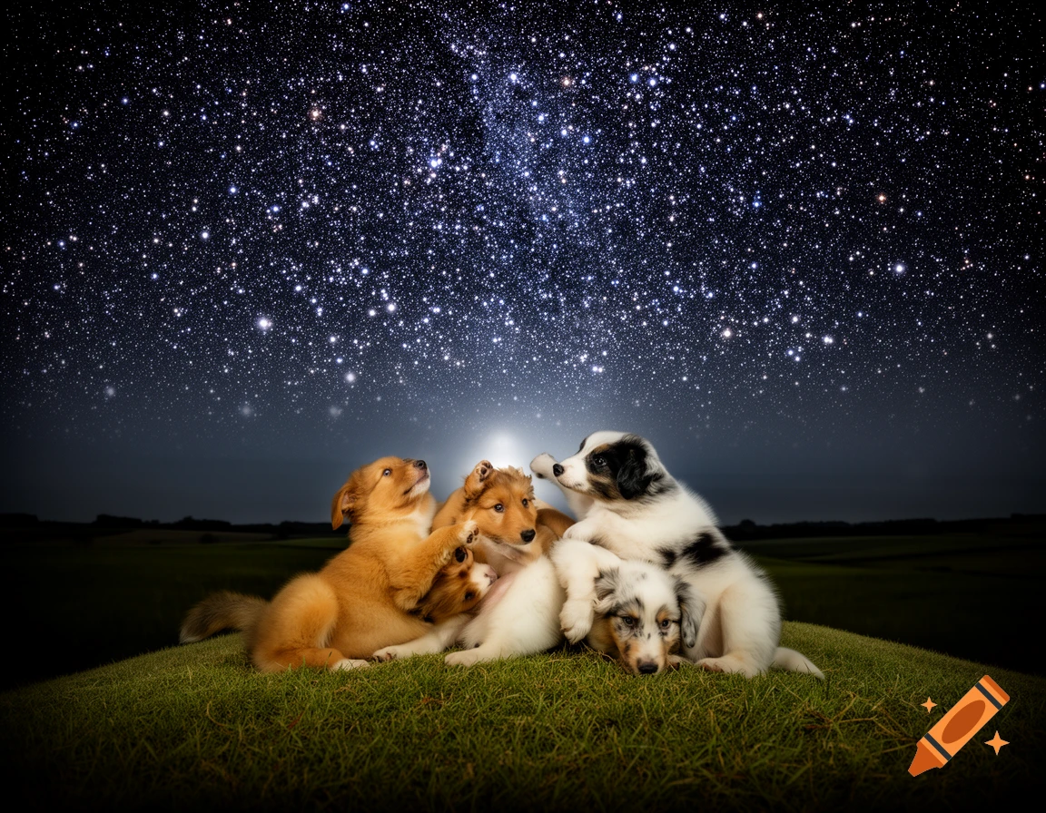 Four cute puppies huddle together on a grassy hill under a breathtaking, star-filled night sky.