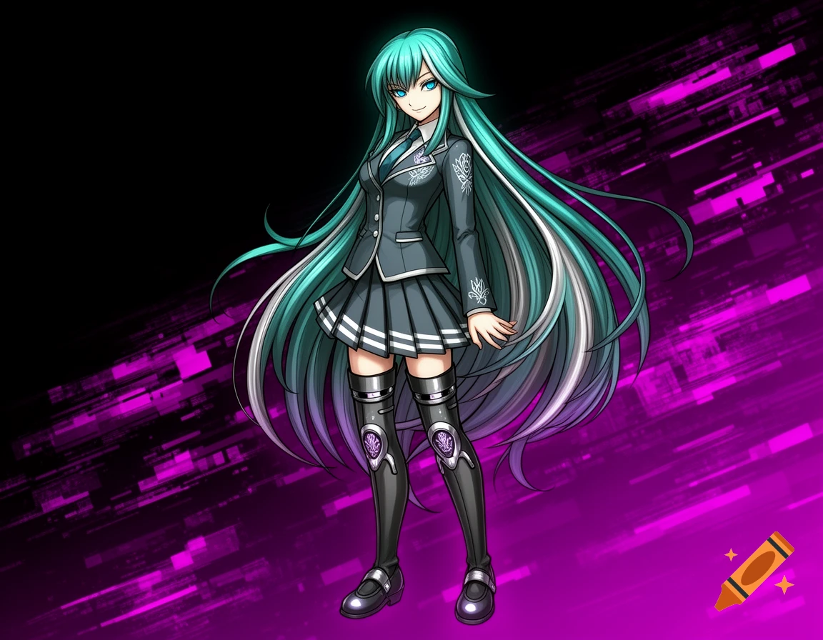 An anime character with long flowing teal and white hair, blue eyes, wearing a dark grey school uniform and thigh-high boots, against a purple and black background.