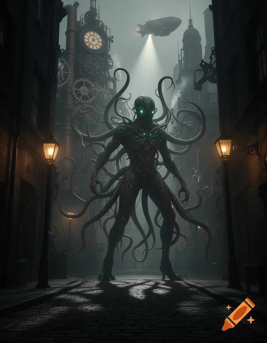 A towering, tentacled monster with glowing green eyes stands in a dark, misty steampunk alley with a huge clock tower and an airship overhead.