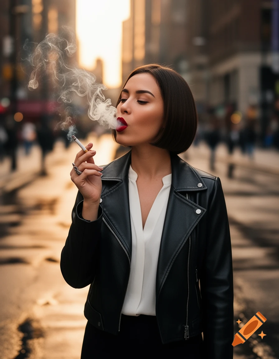 A stylish woman with red lipstick smoking a cigarette on a city street, exhaling smoke.