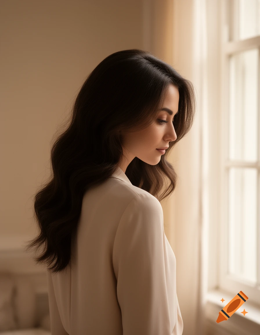 Photorealistic portrait of a woman with dark wavy hair, back mostly to viewer, looking down, bathed in warm window light.