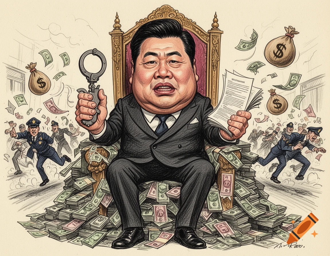 A grotesque caricature of a K-pop mogul sitting on a throne of money, holding handcuffs and contracts, with police in a chaotic background. Drawn in a satirical cartoon style.