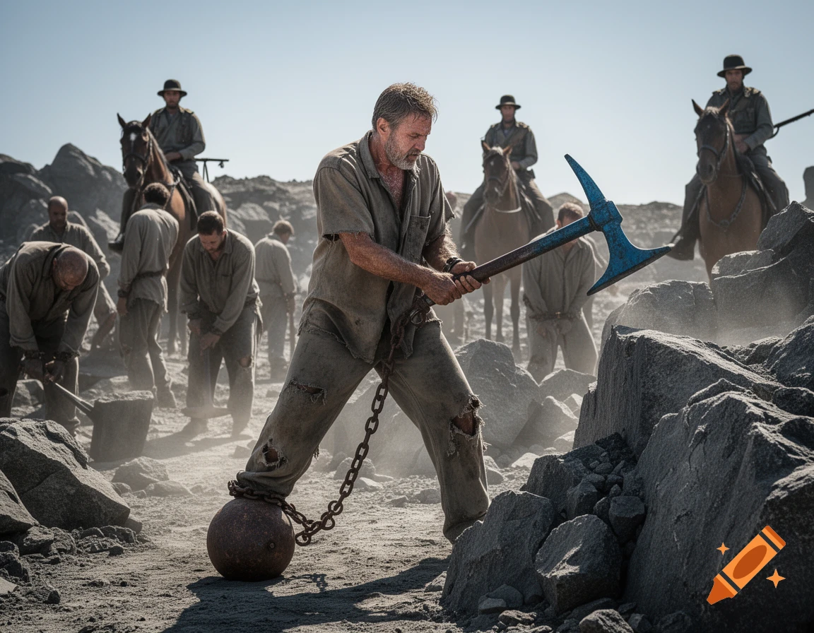 A man in tattered clothes, chained with a ball and chain, uses a pickaxe to break rocks in a desolate labor camp, overseen by mounted guards.