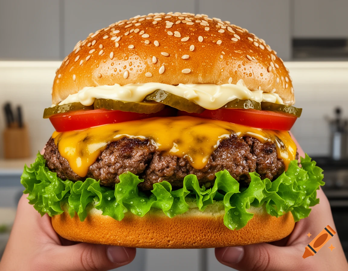 A photorealistic, large cheeseburger with dripping cheese, lettuce, tomato, pickles, and mayonnaise, held in hands.