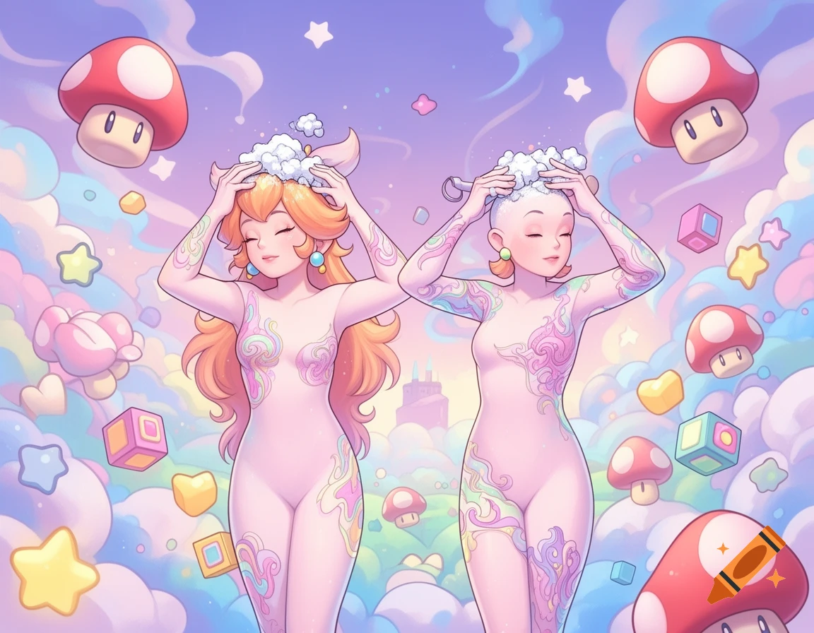 Cartoon Princess Peach and a bald Rosalina, both with colorful tattoos and soap on their heads, surrounded by floating Super Mario stars, mushrooms, and blocks in a pastel sky.