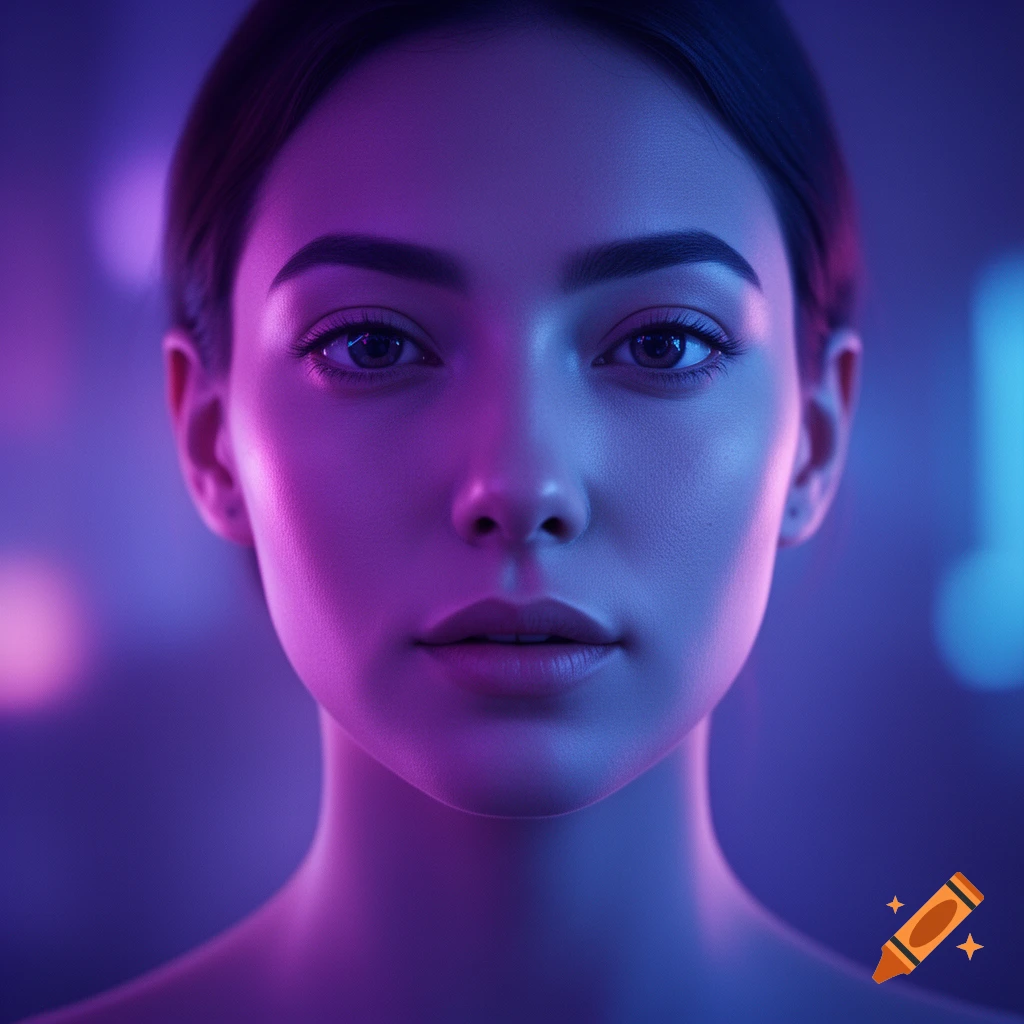 Close-up portrait of a woman's face illuminated by vibrant purple and blue neon lights in a dreamy, aesthetic style.