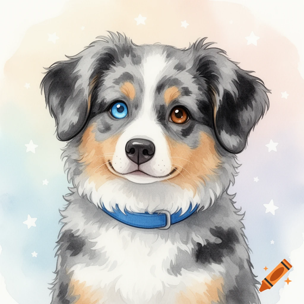 Watercolor illustration of a cute blue merle Australian Shepherd with one blue and one brown eye, wearing a blue collar, against a pastel background with stars.