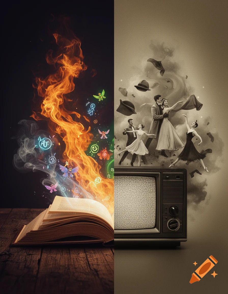 A split image with a magical book, fire, and glowing symbols on the left, and an old TV with sepia dancers on the right.