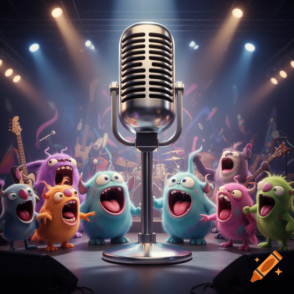 A group of colorful, fuzzy, cartoon monsters with wide open mouths sing around a large vintage microphone on a stage with bright lights.