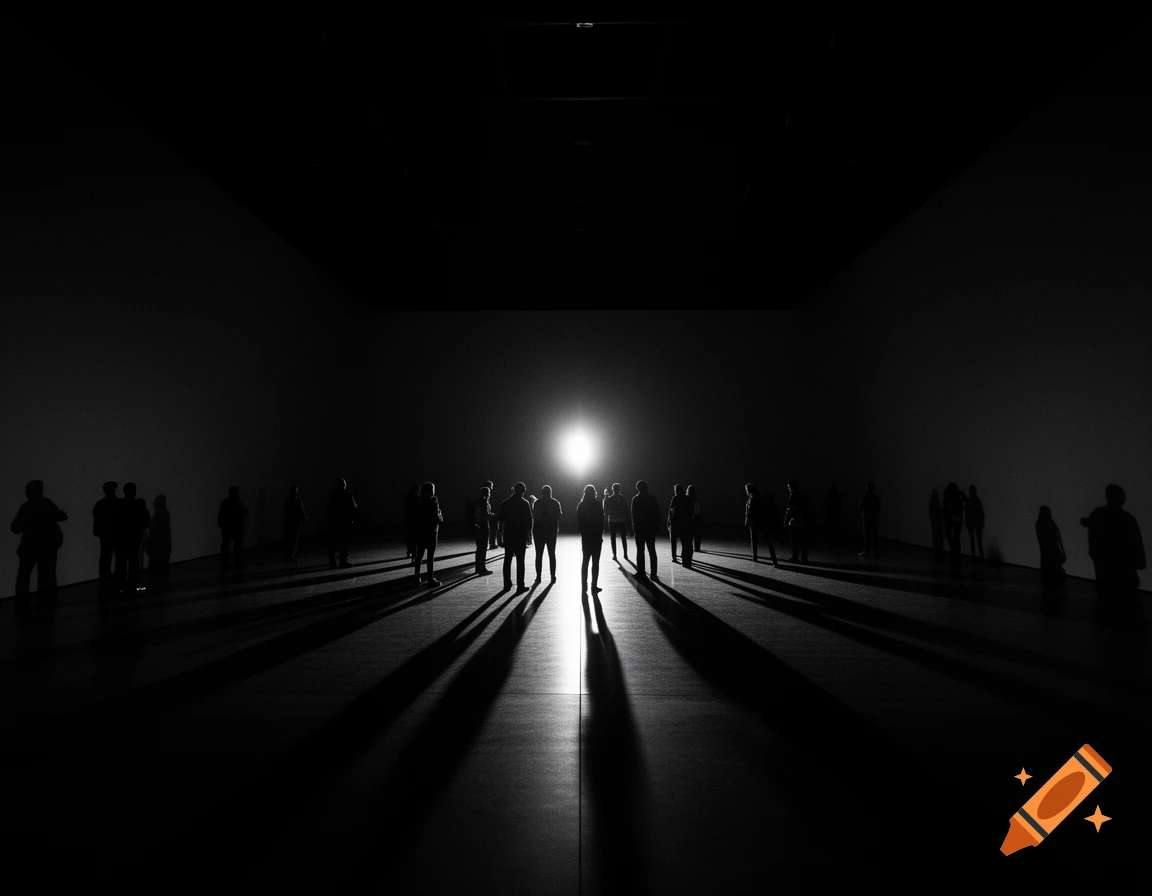 People silhouettes in a dark room with a bright central light casting long dramatic shadows, minimalist black and white style.