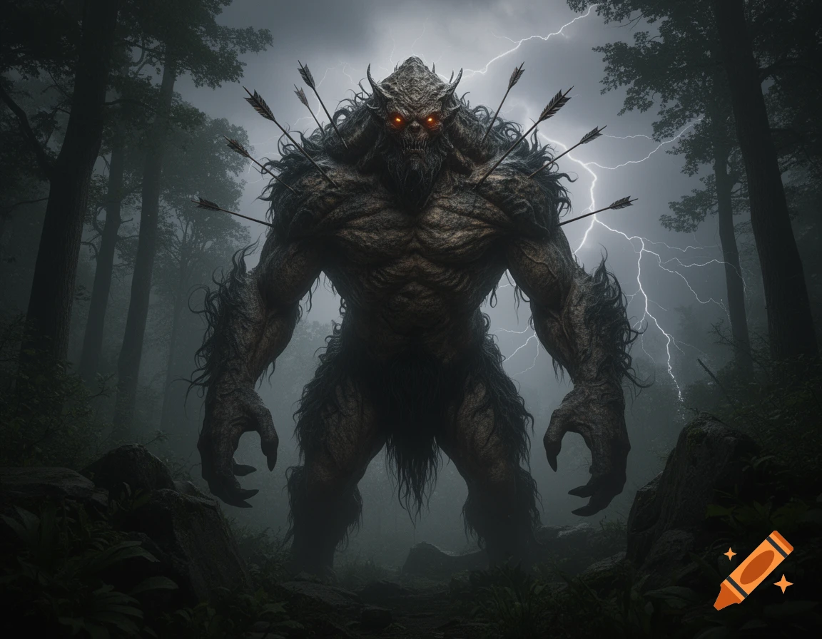 A towering, horned monster with glowing red eyes and arrows in its back stands in a dark, stormy forest with lightning.