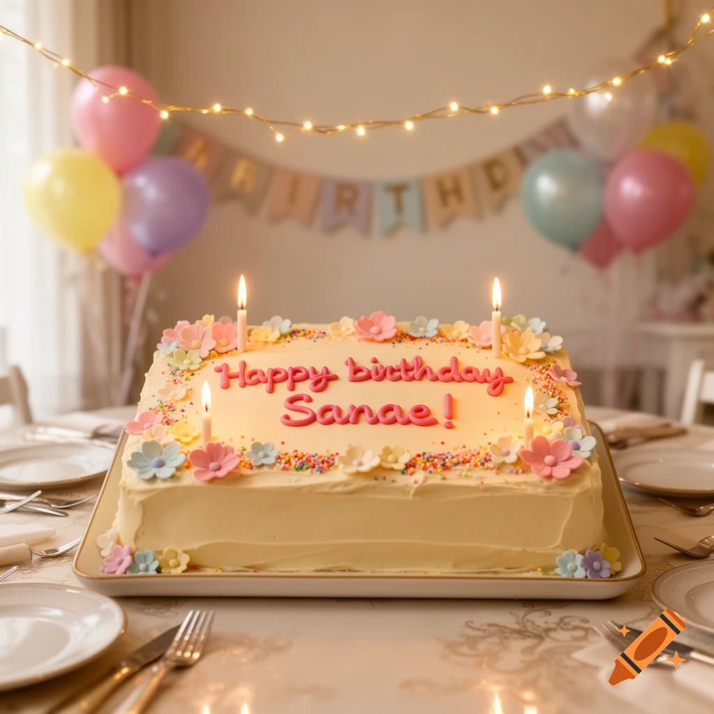 A birthday cake with 'Happy birthday Sanae!' in pink icing, lit candles, colorful sprinkles, and flower decorations. Balloons and a banner are in the background.