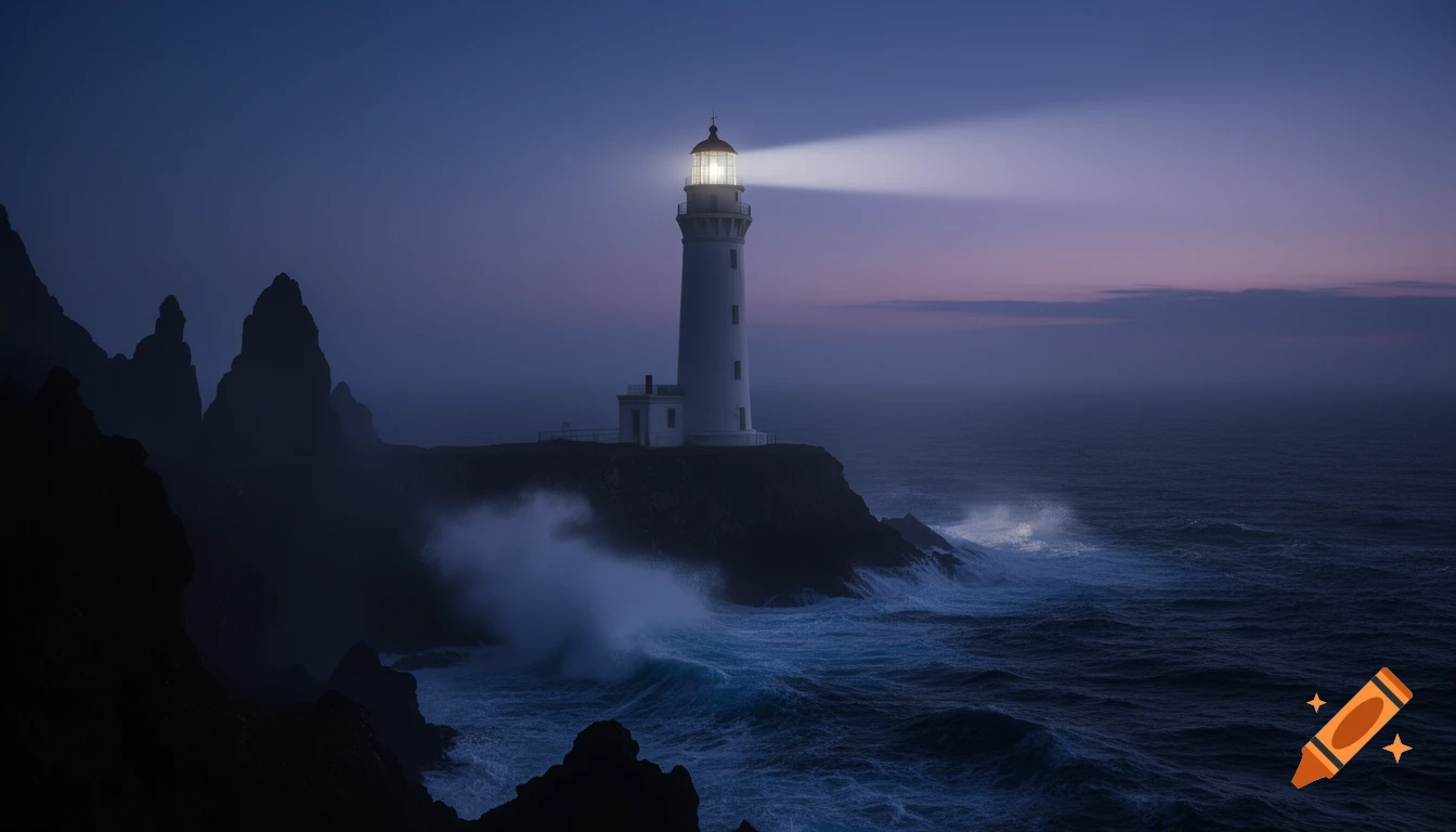 A photorealistic image of a lighthouse shining its beam over a rough, dark sea at dusk, with rugged cliffs.