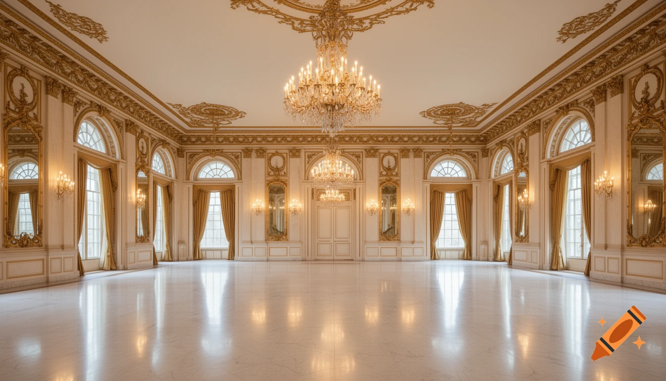 A grand ballroom with white walls, ornate gold trim, large arched windows, shimmering marble floor, and sparkling crystal chandeliers.
