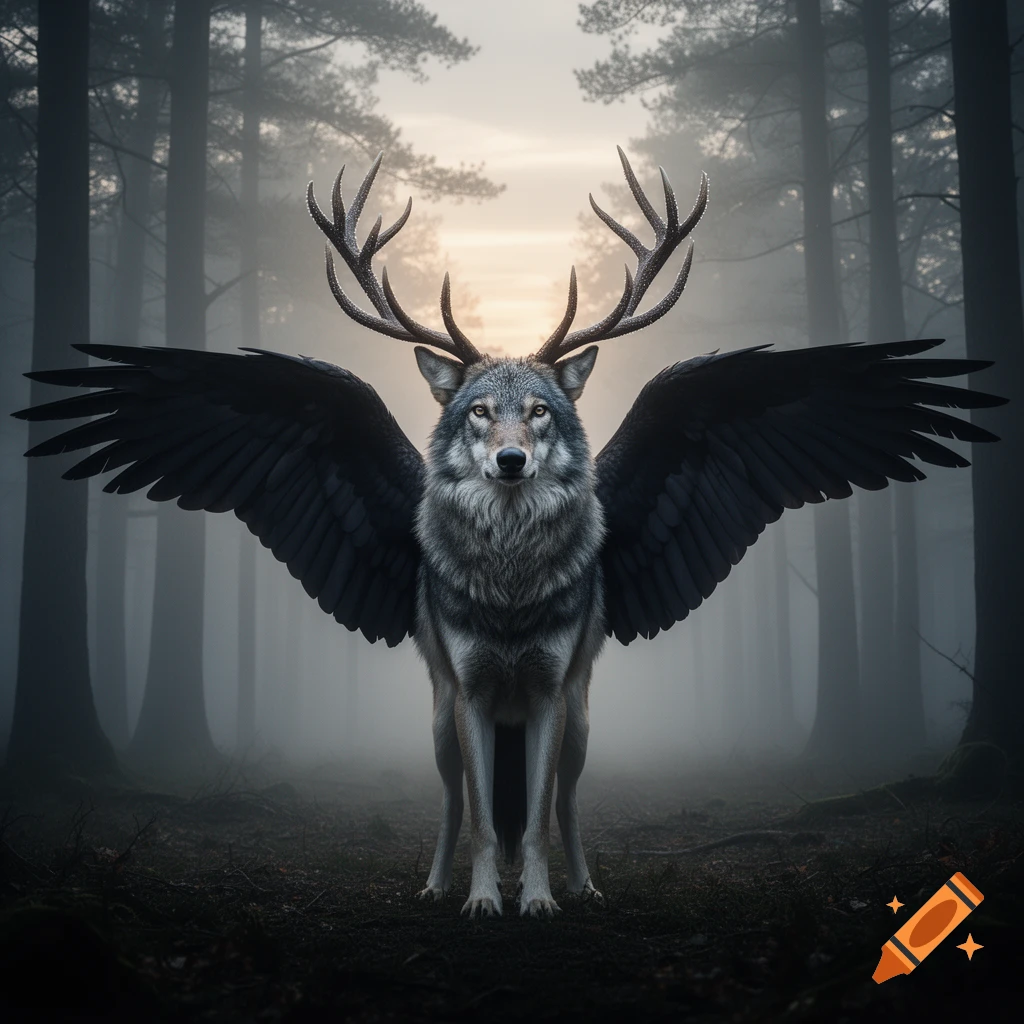 Photorealistic mythical creature, a wolf with a deer head and antlers, and black wings, standing in a misty forest at sunrise.