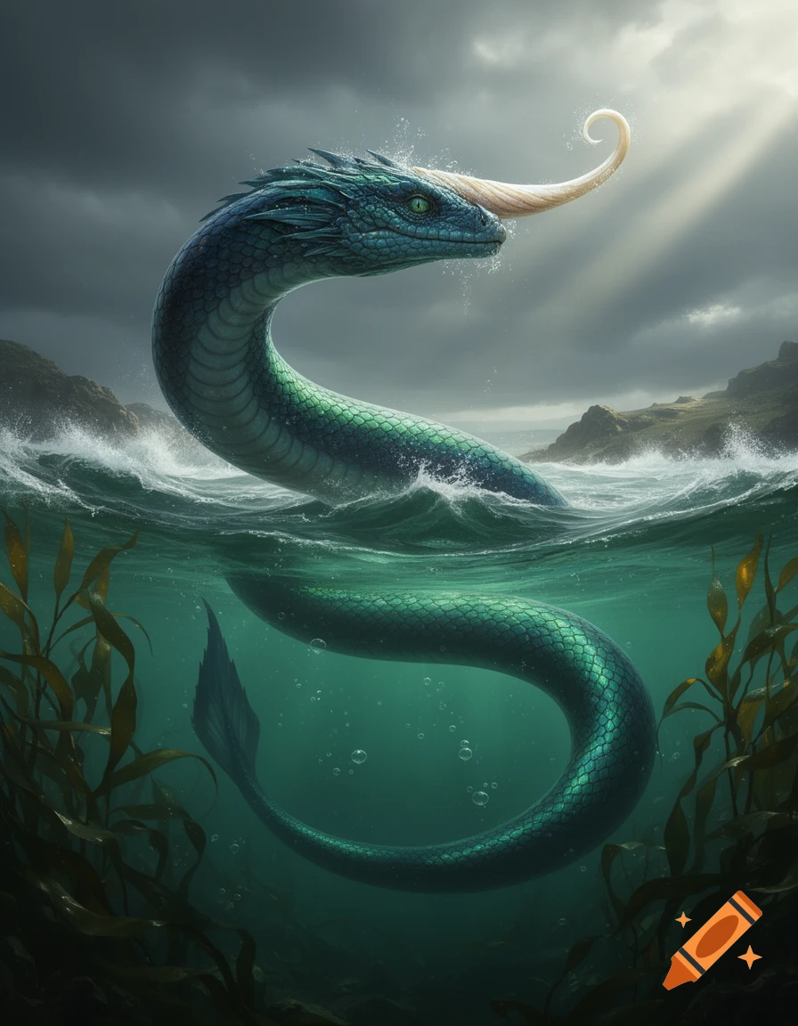 A majestic green and blue horned sea serpent rises from stormy ocean waves, its body extending below the surface with kelp.