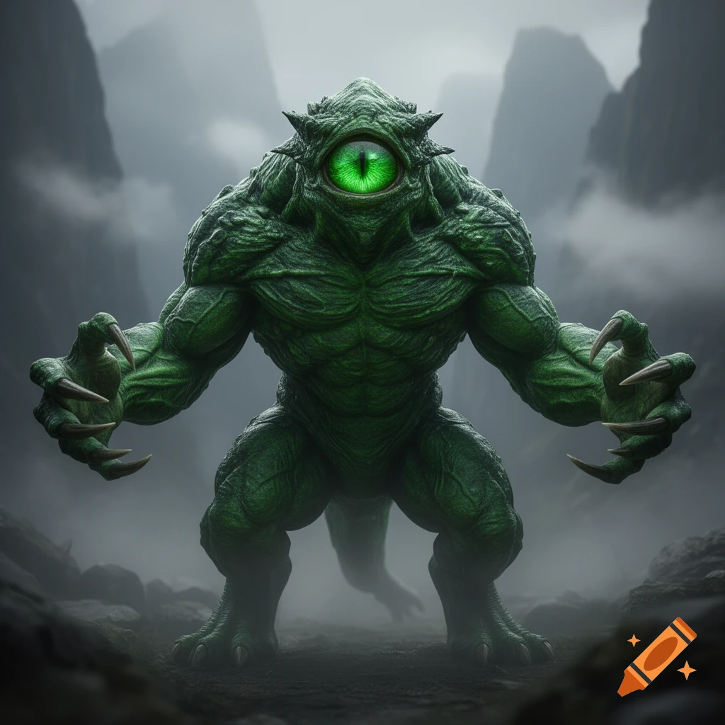 A photorealistic green cyclops monster with textured skin and sharp claws stands in a foggy, rocky mountain landscape.