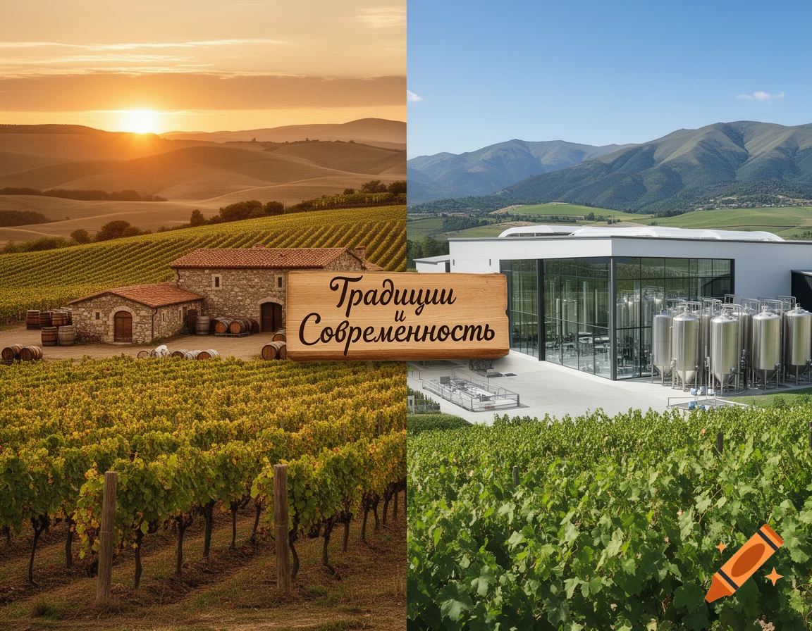 Split view of two wineries: a traditional stone building with vineyards at sunset on the left, and a modern glass building with steel tanks and vineyards on the right. A wooden sign in the center reads "Traditions Modernity" in Russian.