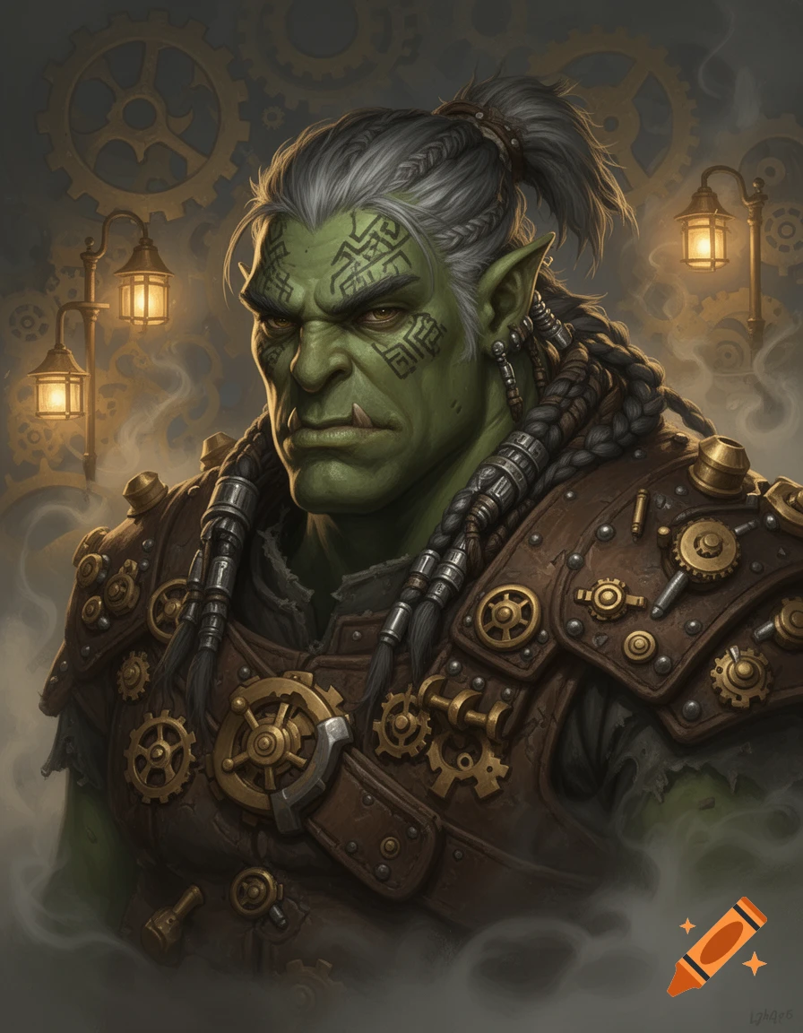 A detailed portrait of a steampunk orc artificer with green skin, grey hair, and intricate gear-adorned leather armor.