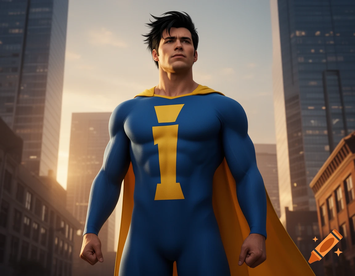 A strong superhero in a blue suit with a yellow 'I' on his chest and a yellow cape stands in a city at sunset, looking determined.