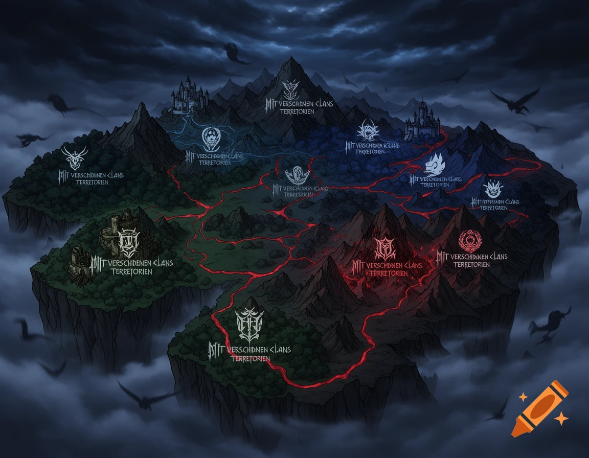 A dark fantasy anime-style world map featuring mountains, forests, castles, and symbols, with territories outlined in blue and red lava-like paths, all under a cloudy sky.