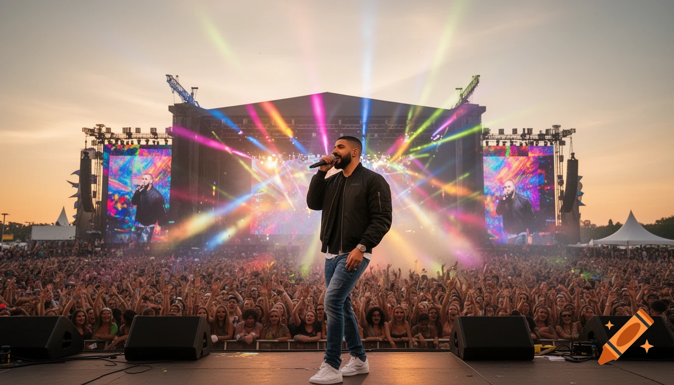 Drake performing on stage at a crowded outdoor music festival with colorful laser lights.