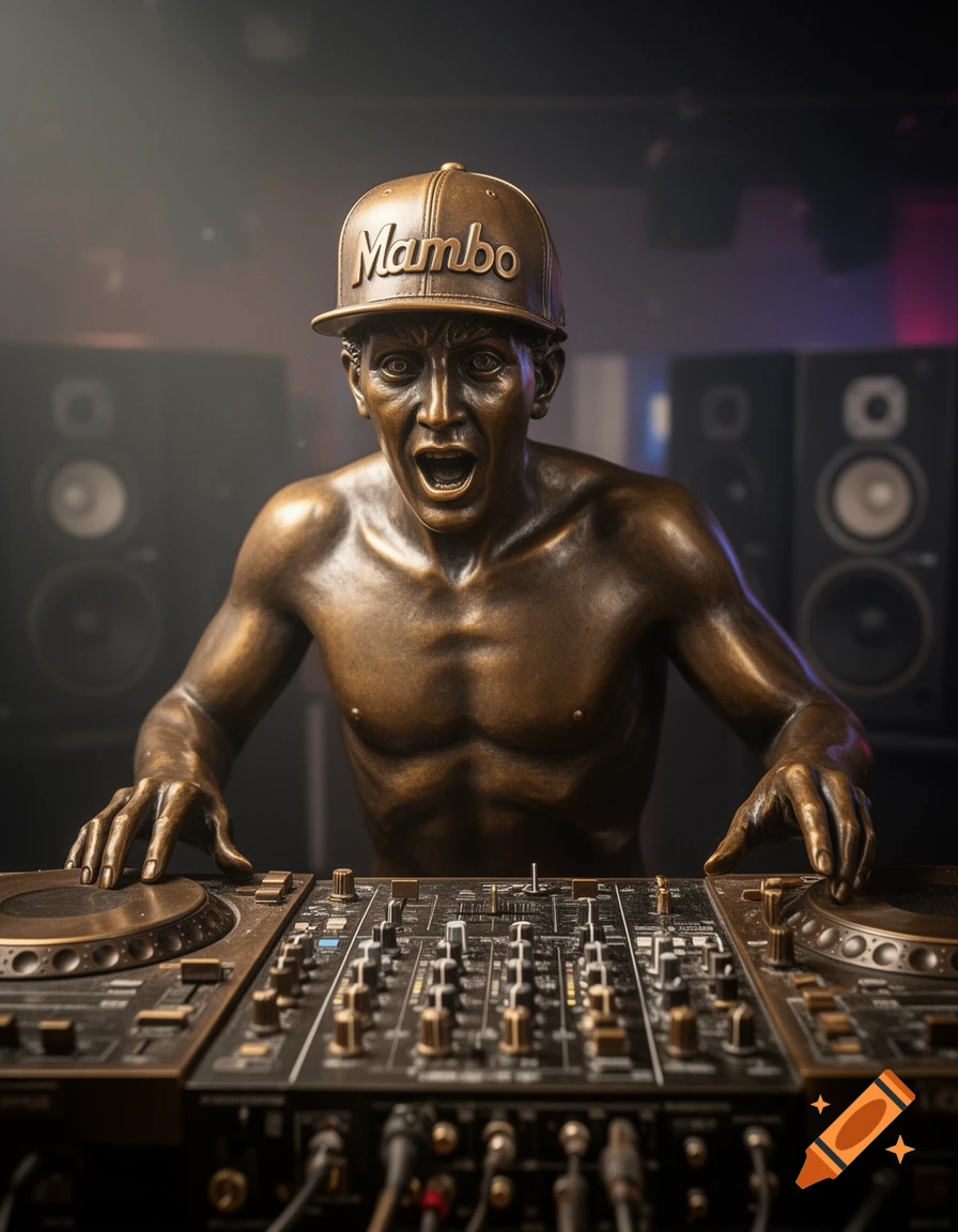 A bronze statue of a shirtless DJ wearing a 'Mambo' cap, operating a mixing desk with turntables.