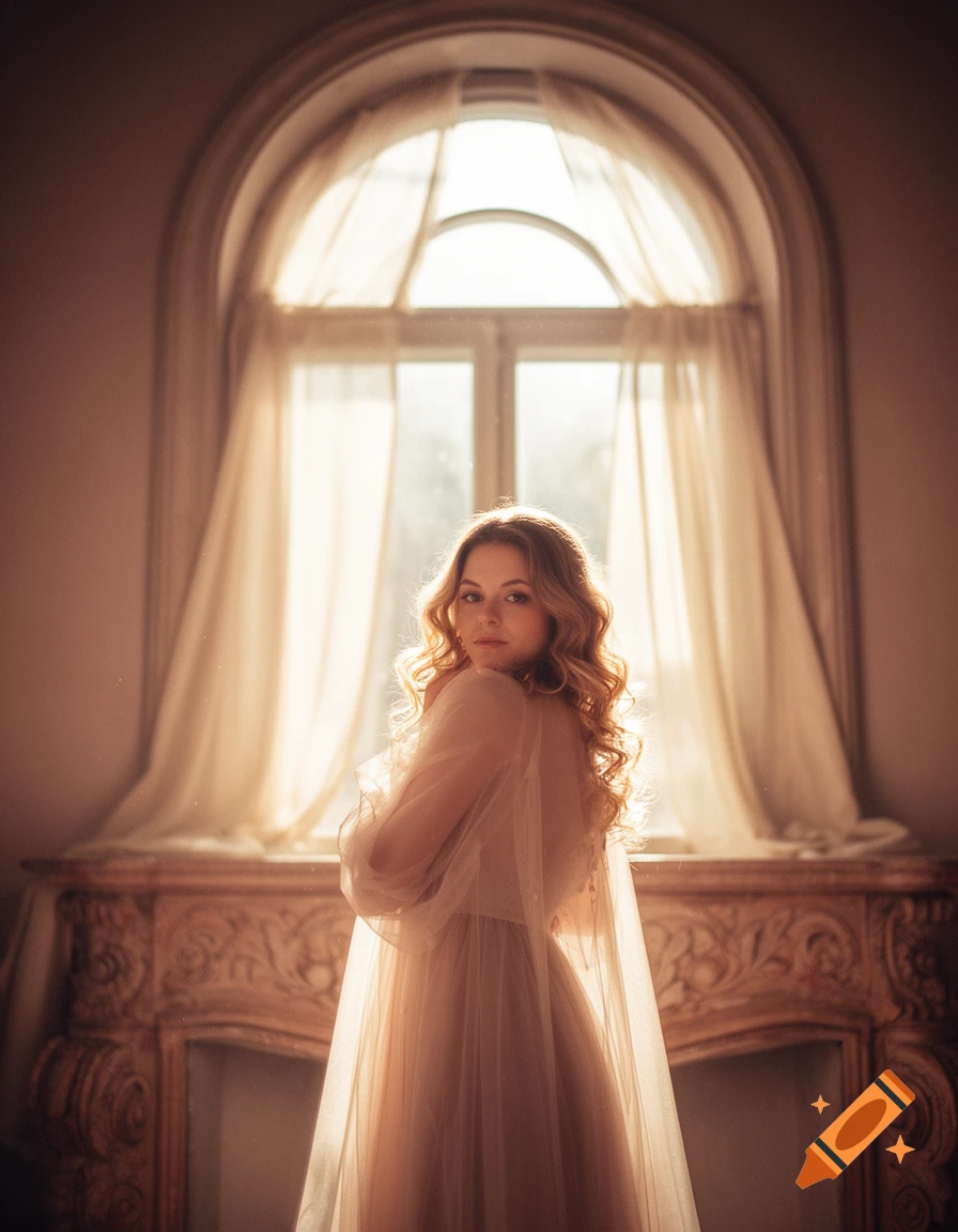 A woman with wavy hair in a sheer, light dress stands in front of a large arched window with soft light.
