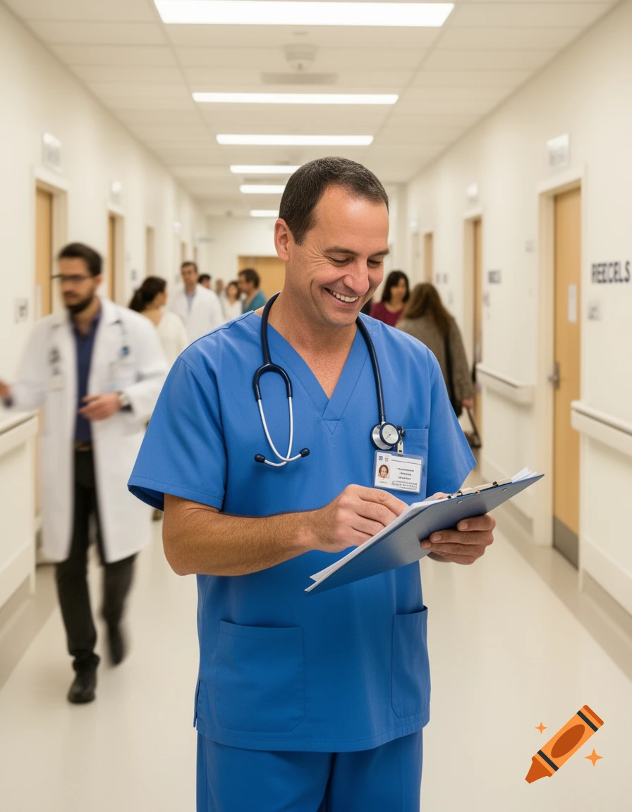 A smiling male nurse in blue scrubs with a stethoscope writes on a clipboard while walking down a hospital hallway.