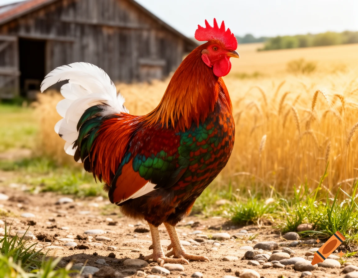 A vibrant rooster stands on a dirt path with a rustic barn and golden wheat field in the background, photorealistic.