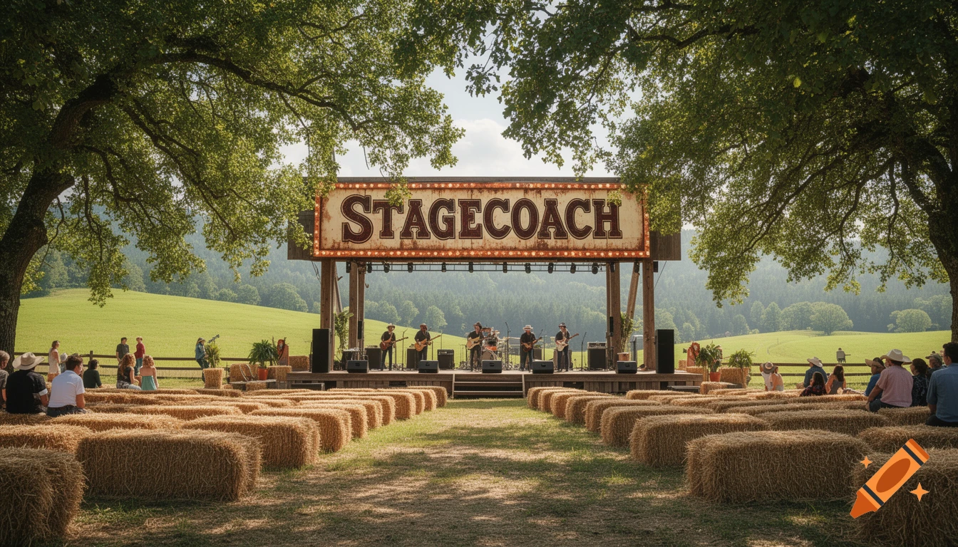 Photorealistic outdoor country music festival with a "STAGECOACH" sign, a band performing, and an audience seated on hay bales.