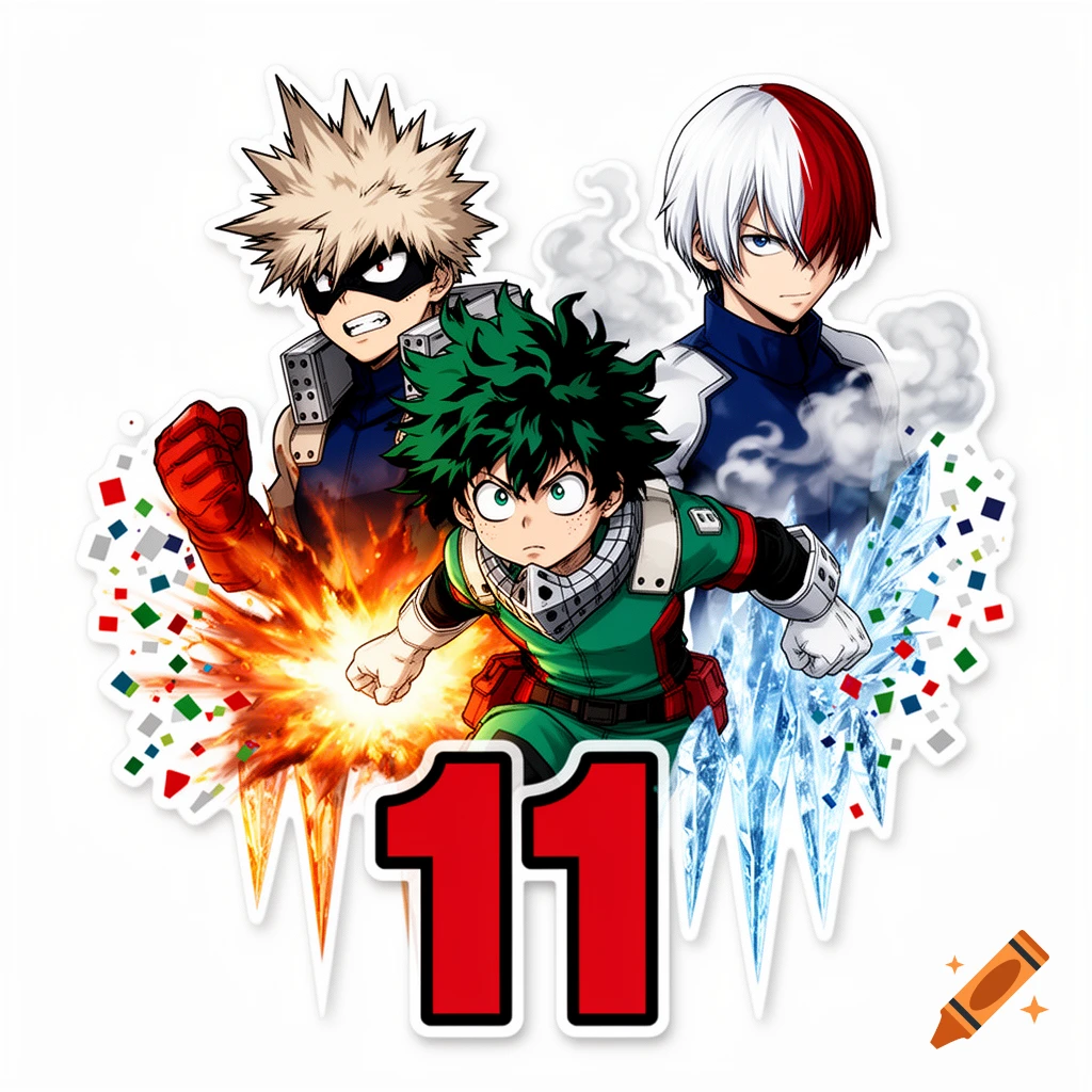 Anime illustration of My Hero Academia characters Bakugo, Deku, and Todoroki with explosions, ice, and the number 11.