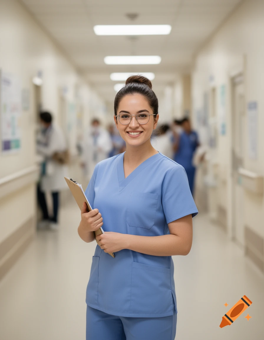 Smiling female nurse in blue scrubs and glasses holding a clipboard in a hospital hallway, photorealistic.