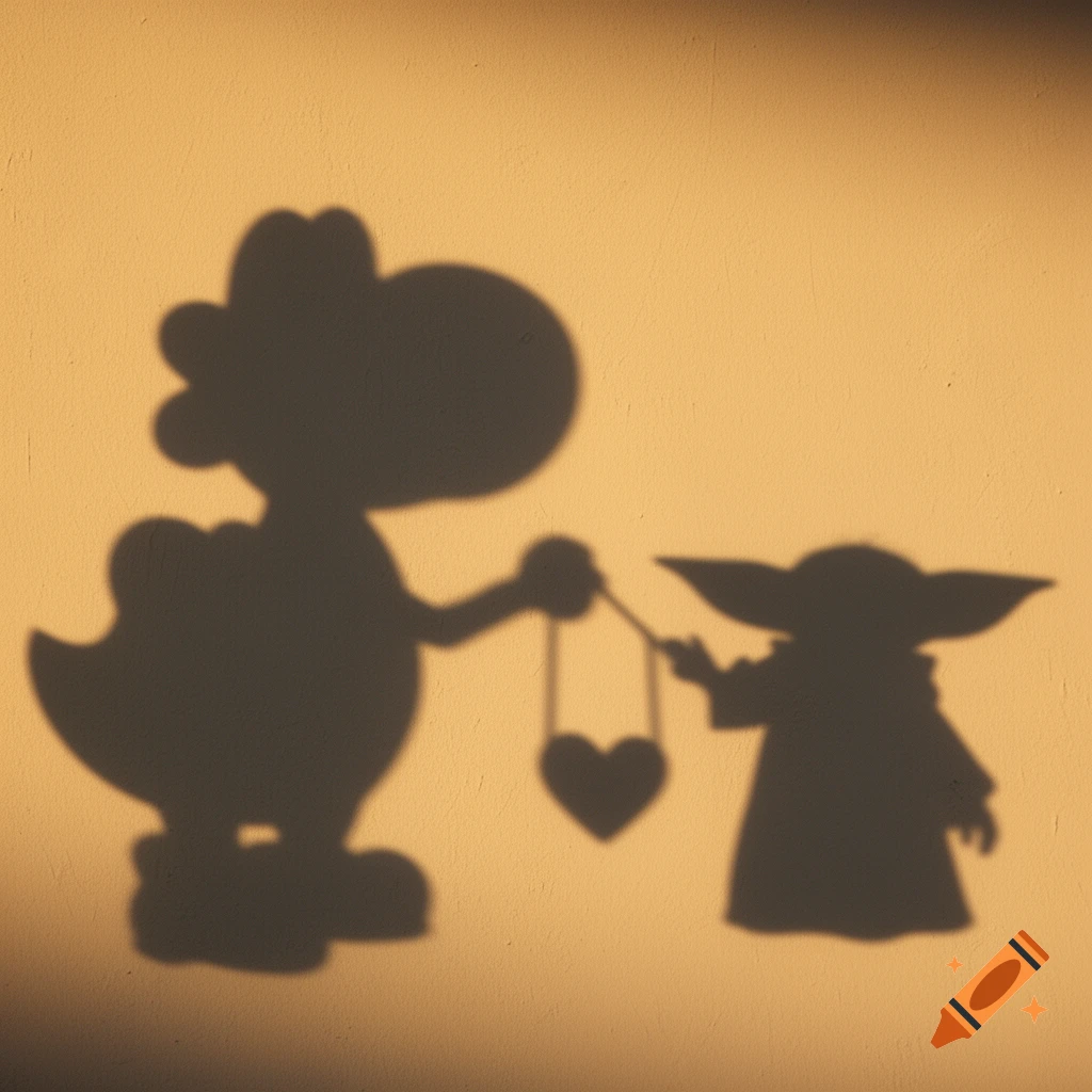 Shadows of Yoshi and Grogu holding a heart-shaped string on a warm-toned wall.