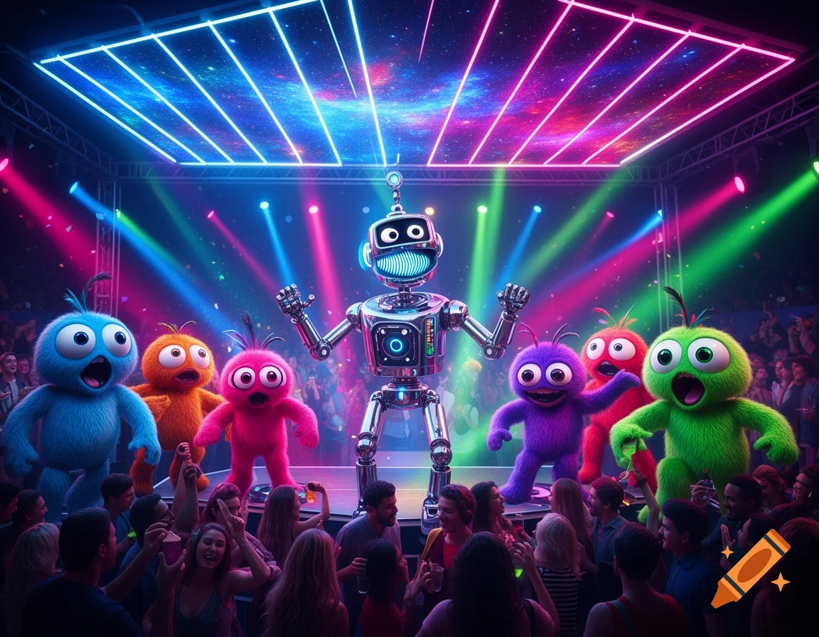 A shiny robot and five colorful fuzzy monsters perform on a stage with neon lights and confetti for a cheering crowd.