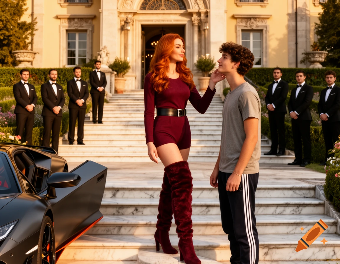 A woman in a maroon romper and furry thigh-high boots touches a young man's chin on the grand steps of a manor, with a sports car and uniformed staff in the background.
