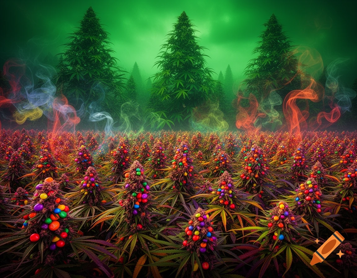 A vibrant field of marijuana plants with colorful candy buds and swirling rainbow smoke under a green sky, with large marijuana trees in the background.