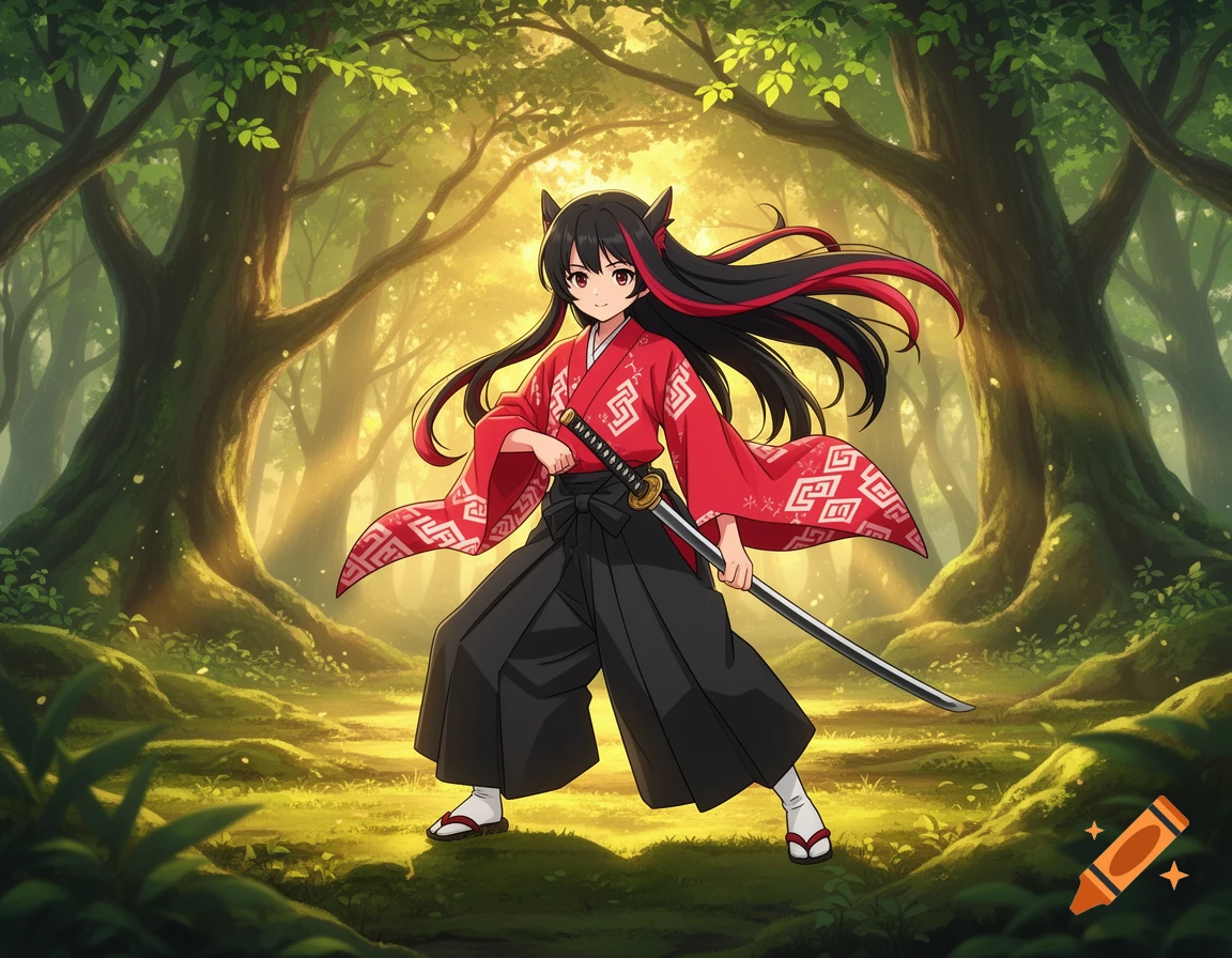 Anime girl with black and red hair in a red kimono and hakama, holding a katana in an enchanted forest.