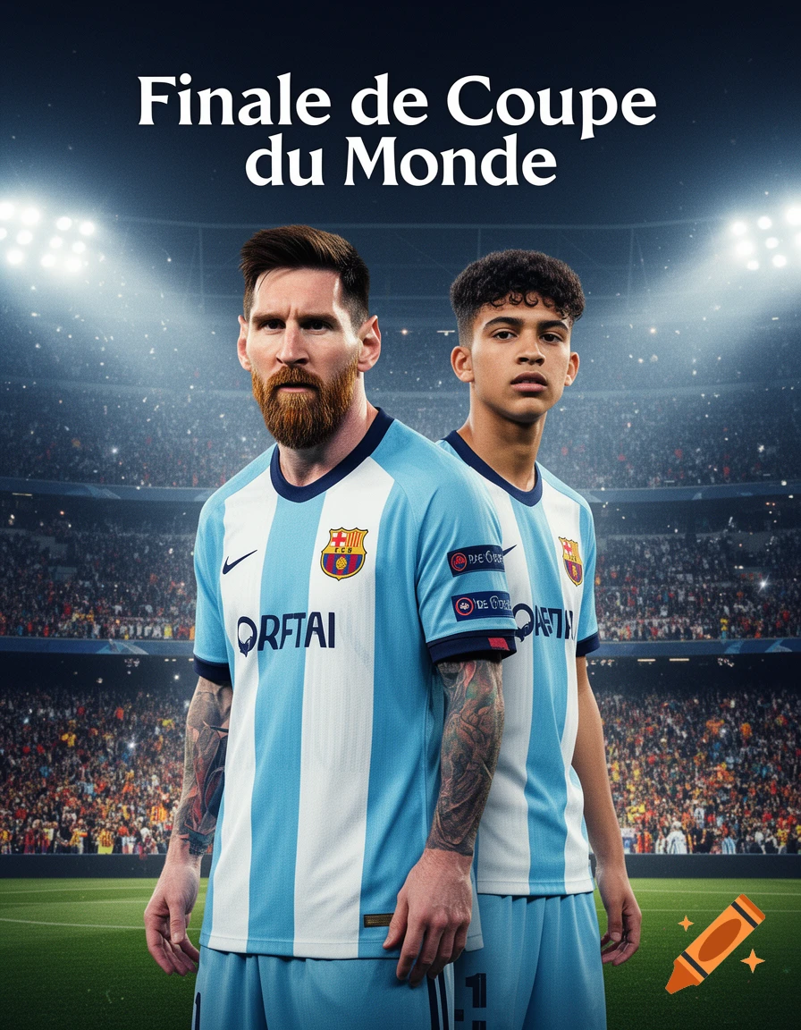 An illustration of soccer stars Lionel Messi and Lamine Yamal in light blue and white striped jerseys, standing on a football pitch in a stadium during a 'Finale de Coupe du Monde' (World Cup Final).