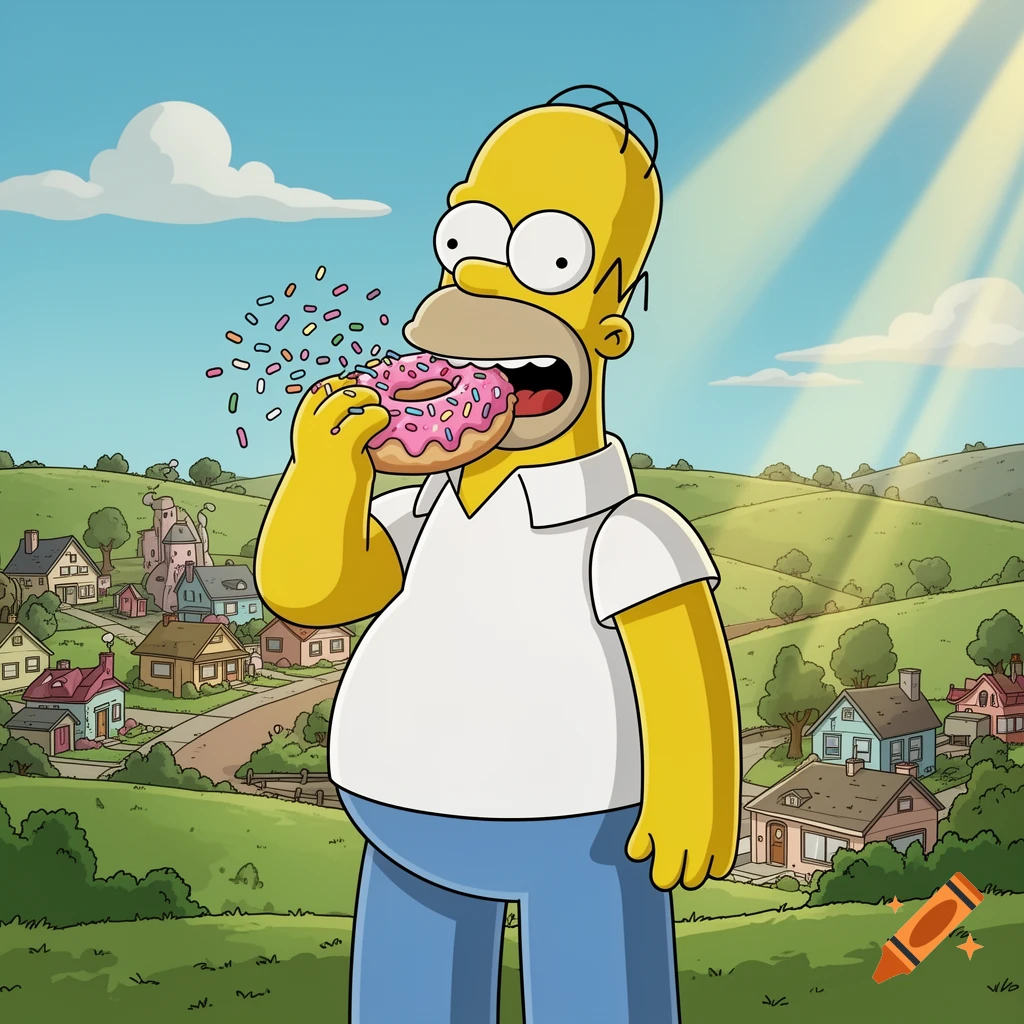 Cartoon Homer Simpson eats a pink donut with sprinkles in a sunny suburban landscape.