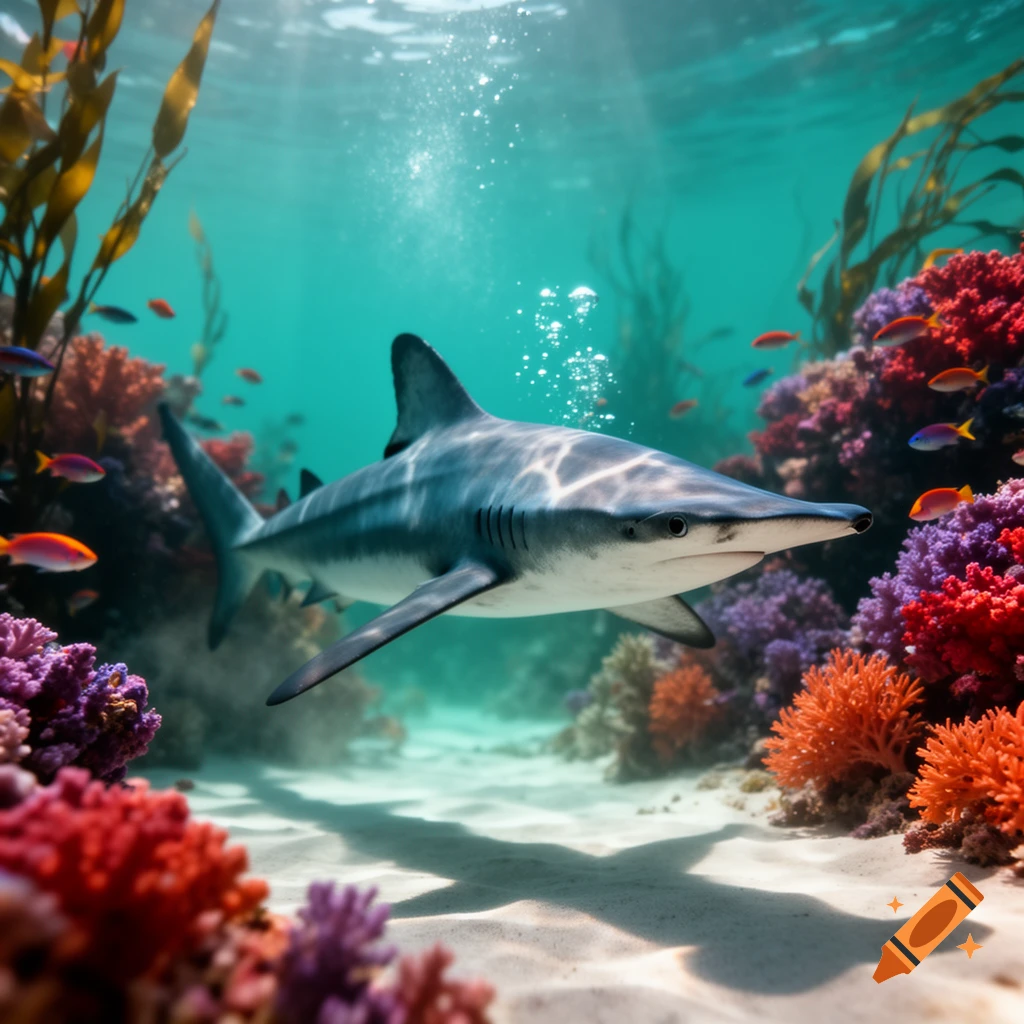 A shark swims over a colorful coral reef in clear blue ocean water with sunlight streaming from above.