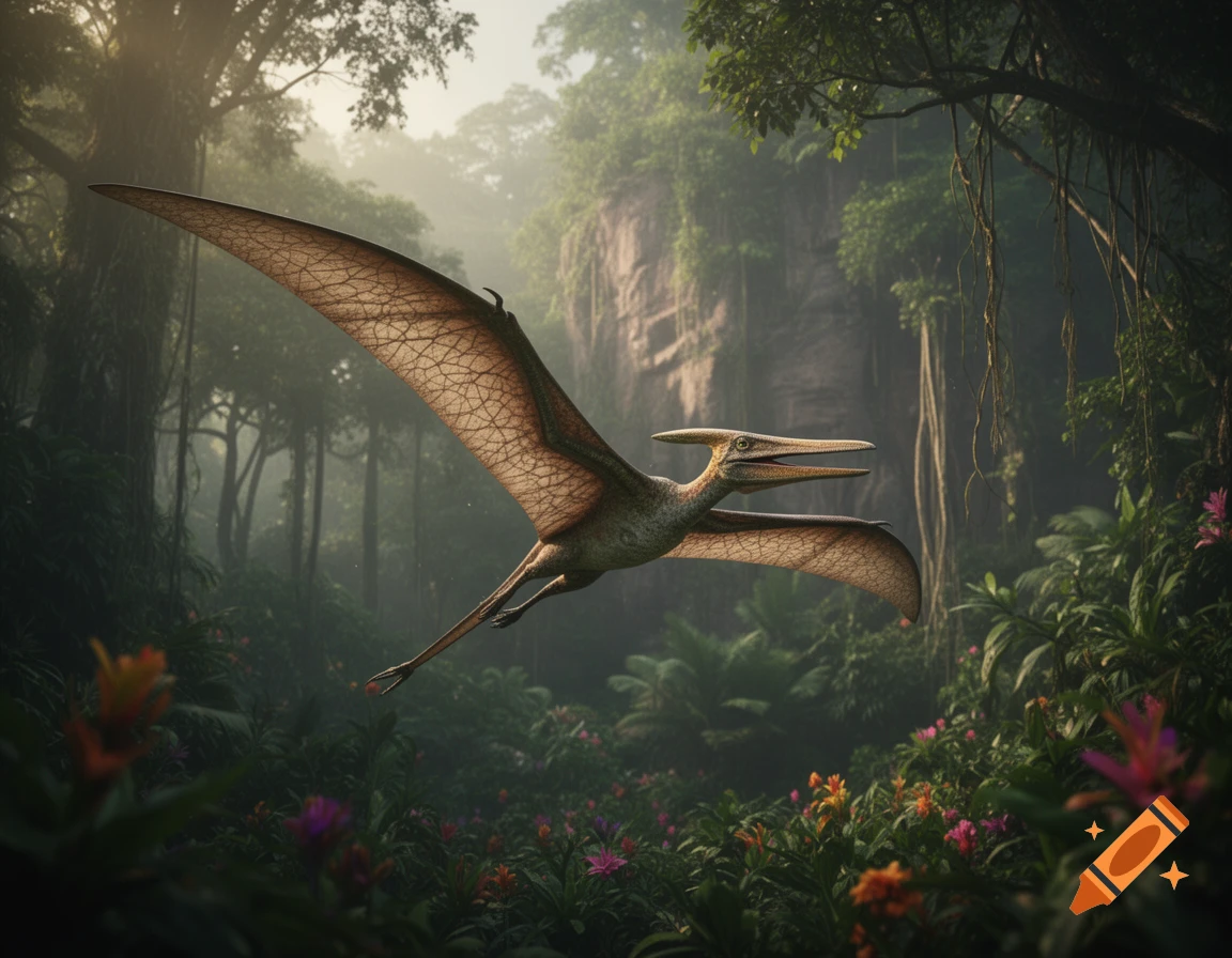 A Pteranodon soars through a misty, dense jungle filled with lush trees and colorful flowers.