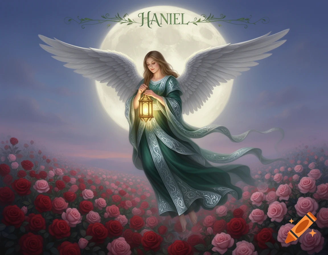 A winged angel in green robes holds a lantern, floating over a field of roses under a full moon. The name "HANIEL" is at the top.